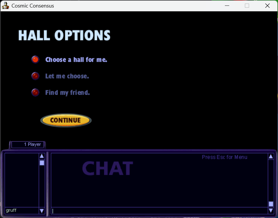 Hall Options screen: choose a hall, let me choose, or find my friend
