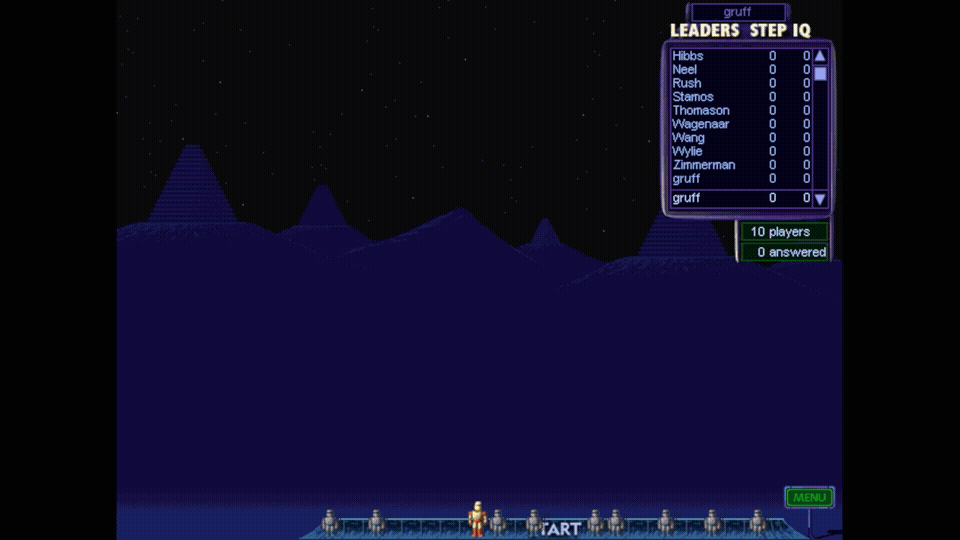 A new game starting on the Ziggurat: players gathered at START with the leaders panel and mountains backdrop